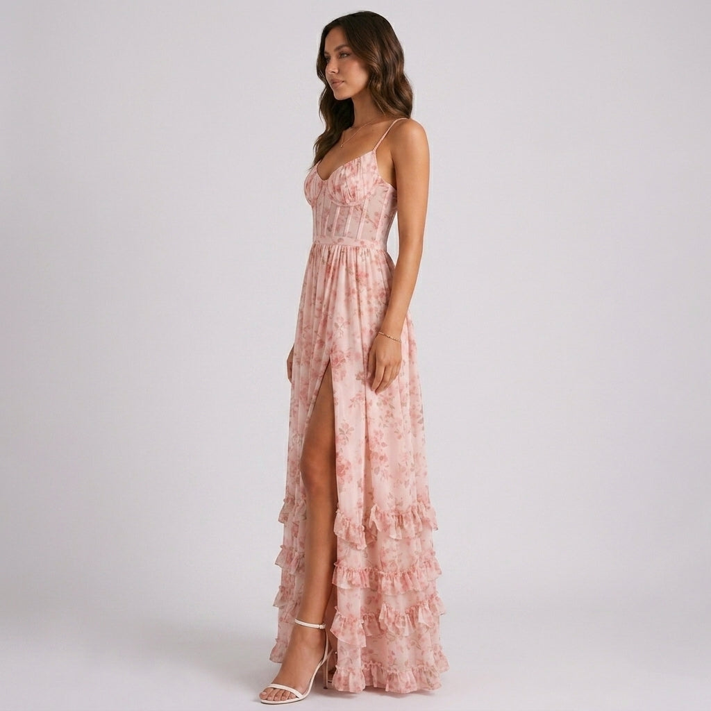 Pink Floral Lace-Up Corset Maxi Dress – side view