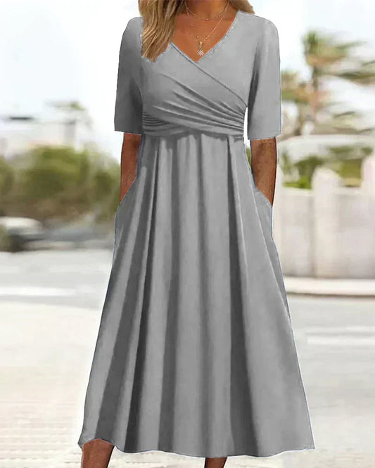 Crossover V-Neck Short Sleeve Midi Dress – Grey