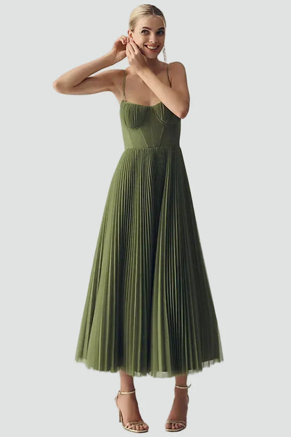 Green Corset Pleated Midi Dress – front view showing pleated skirt