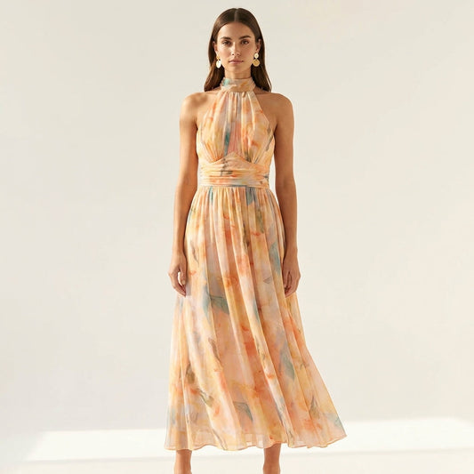 Watercolour Print Halter Maxi Dress – front view, full length