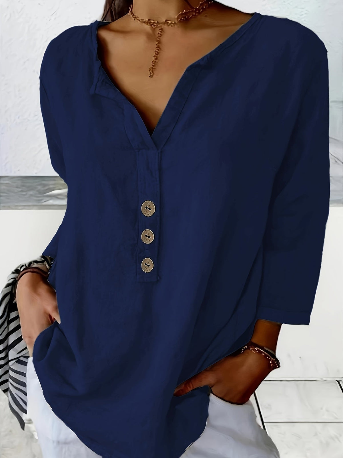 Cotton V-Neck Button Detail Blouse – Navy