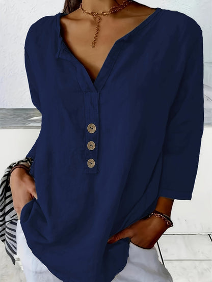 Cotton V-Neck Button Detail Blouse – Navy