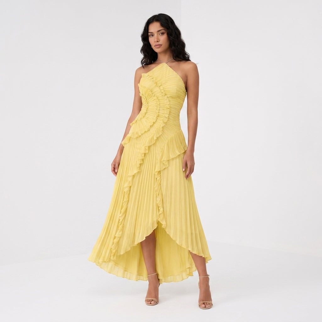 Asymmetric Ruffle Pleated Halter Maxi Dress in Yellow – full-length front view