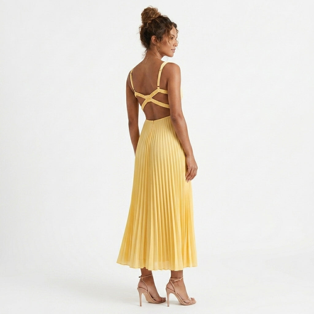 Yellow Pleated V-Neck Maxi Dress – back view showing cross-strap open back