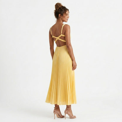 Yellow Pleated V-Neck Maxi Dress – back view showing cross-strap open back