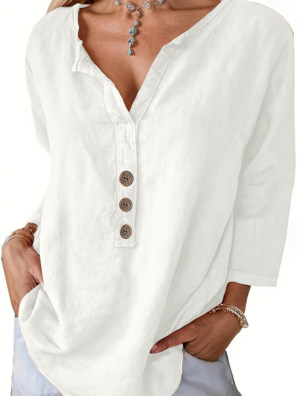 Cotton V-Neck Button Detail Blouse – Beige