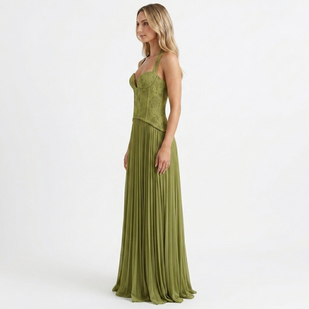 Green Corset Pleated Maxi Dress – side view