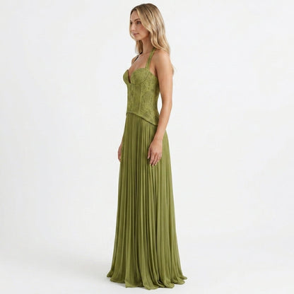 Green Corset Pleated Maxi Dress – side view