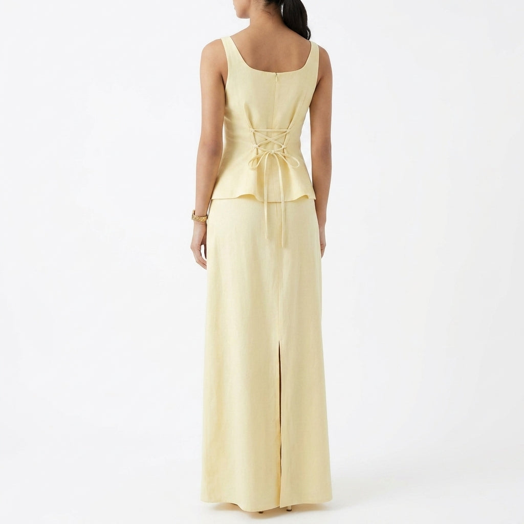 Lemon Lace-Up Top & Maxi Skirt Set – back view showing skirt slit