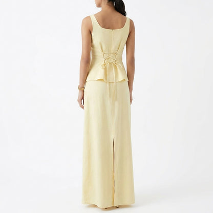 Lemon Lace-Up Top & Maxi Skirt Set – back view showing skirt slit