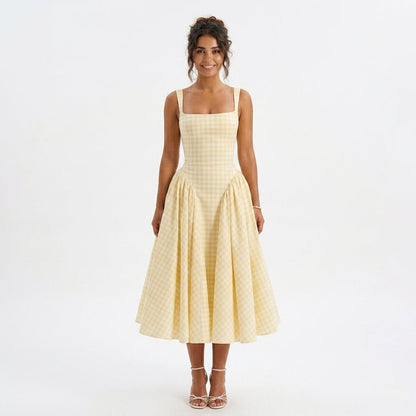 Gingham Square Neck Midi Dress in Yellow – full-length front view