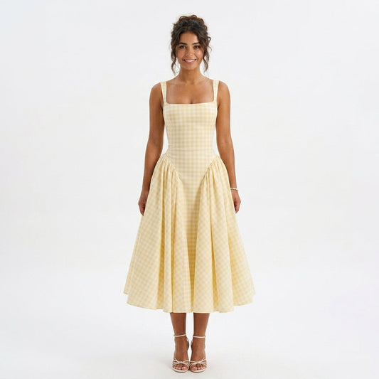 Gingham Square Neck Midi Dress in Yellow – full-length front view