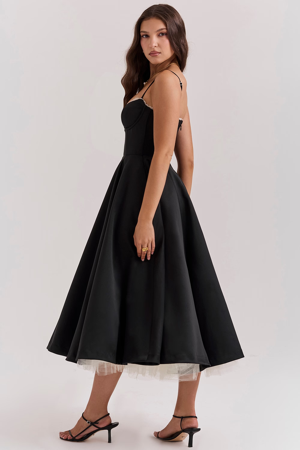 Satin Tulle Skirt Midi Dress with Pockets – view 12