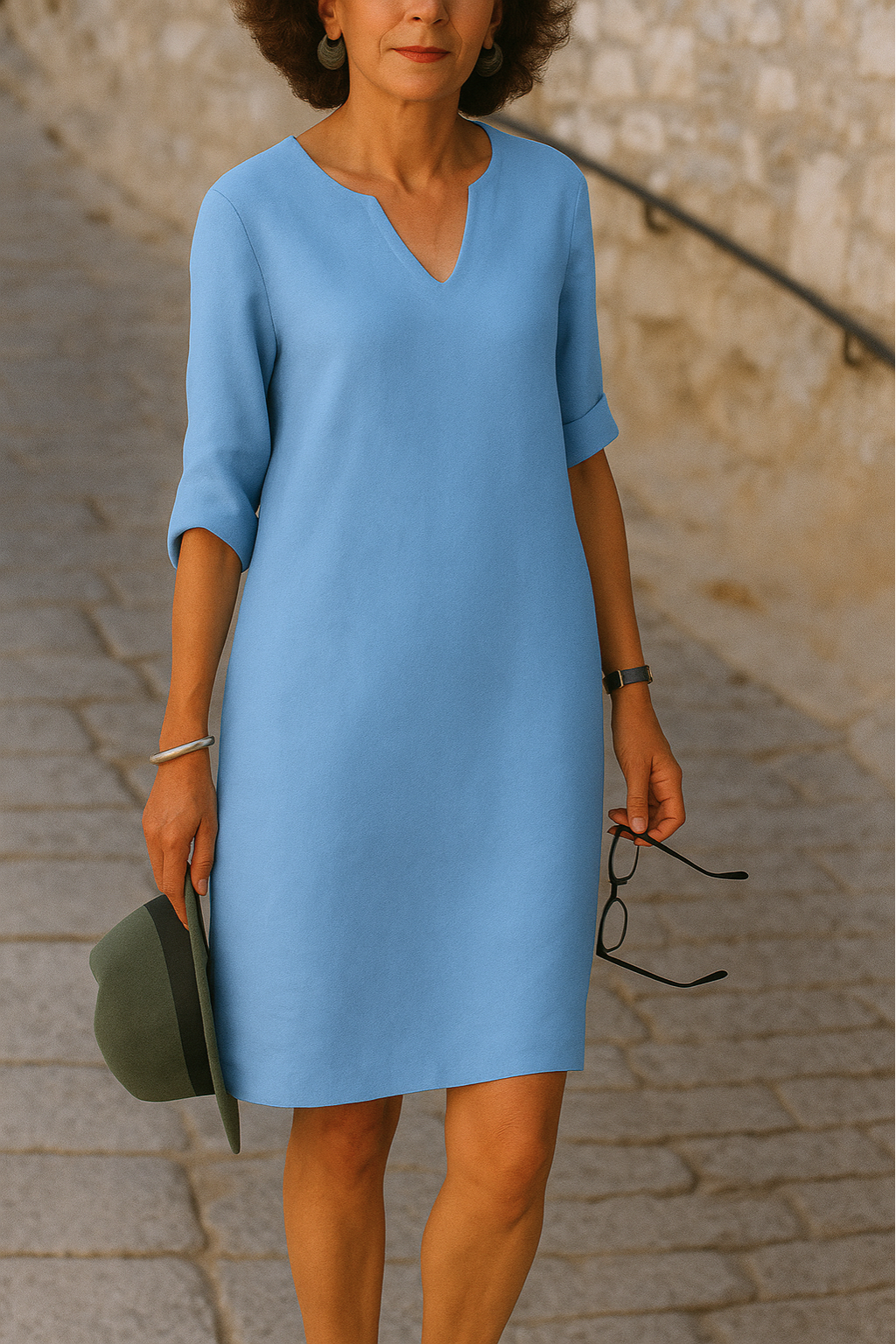 V-Neck Short Sleeve Relaxed Midi Dress – Light Blue