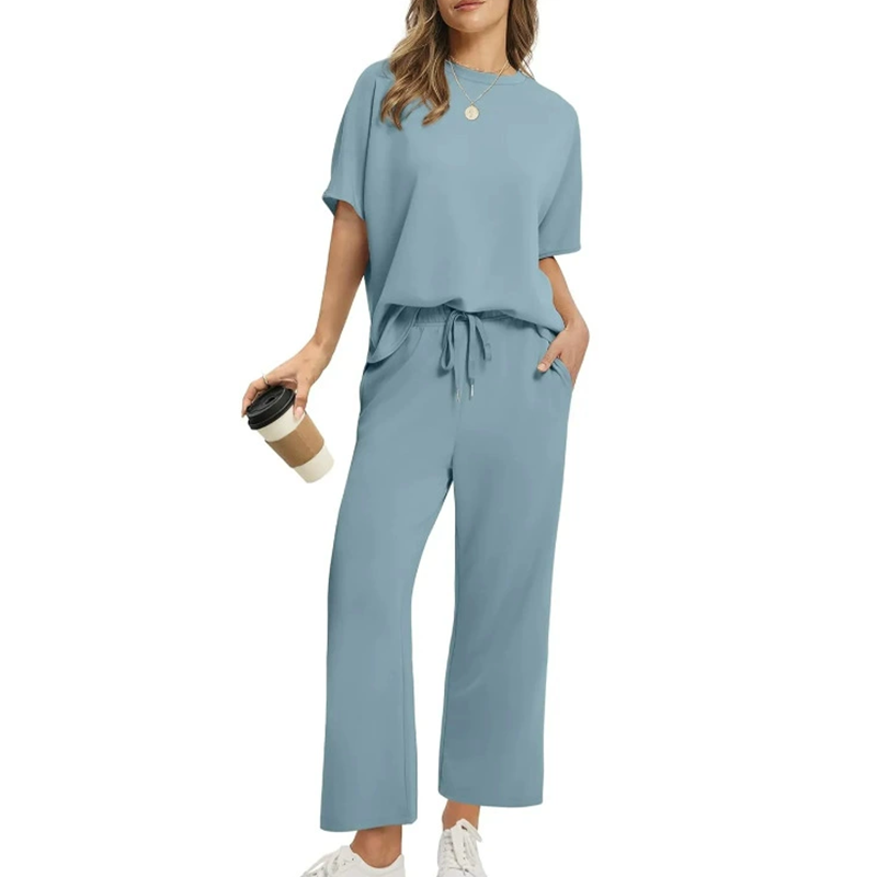 Half Sleeve Top and Drawstring Pants Set – Sky Blue