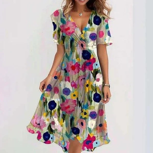 Printed Short Sleeve V-Neck Mini Dress – Multicolour