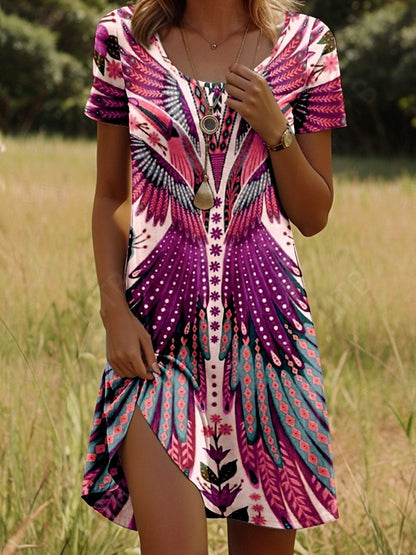 Boho Print Midi Dress with Adjustable Straps – Pink