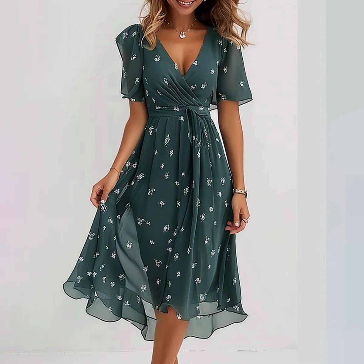 Printed Short Sleeve V-Neck Mini Dress – Green