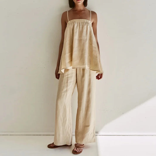 Front view of beige cotton trapeze cami and wide leg pants set