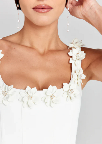 Black 3D Floral Square Neck Mini Dress in White – close-up of 3D floral neckline