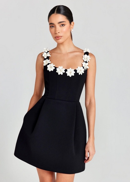 Black 3D Floral Square Neck Mini Dress in Black – front view