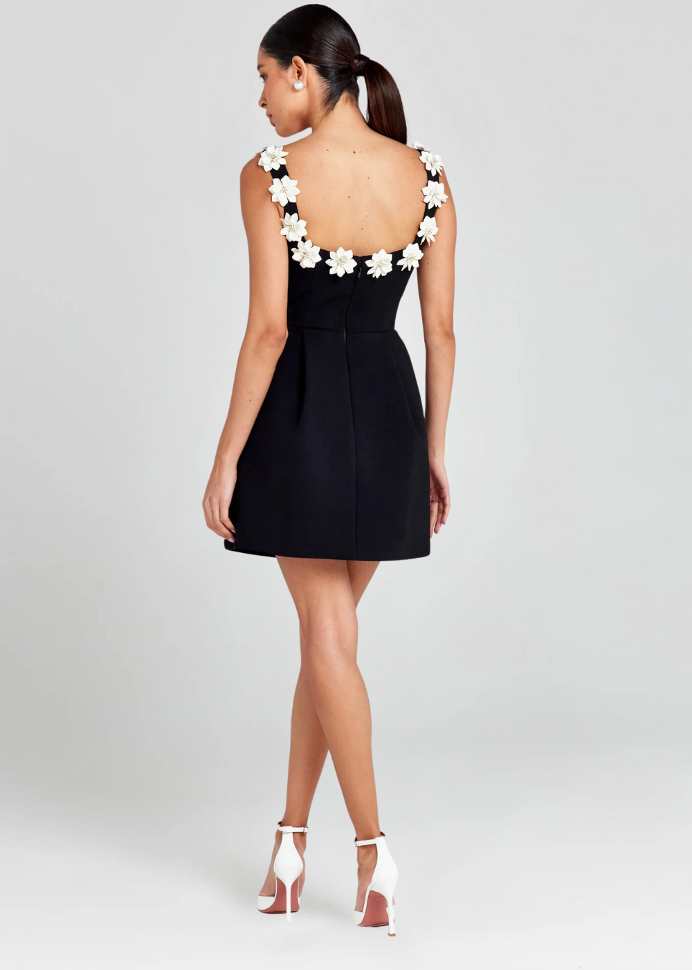 Black 3D Floral Square Neck Mini Dress in Black – full-length back view