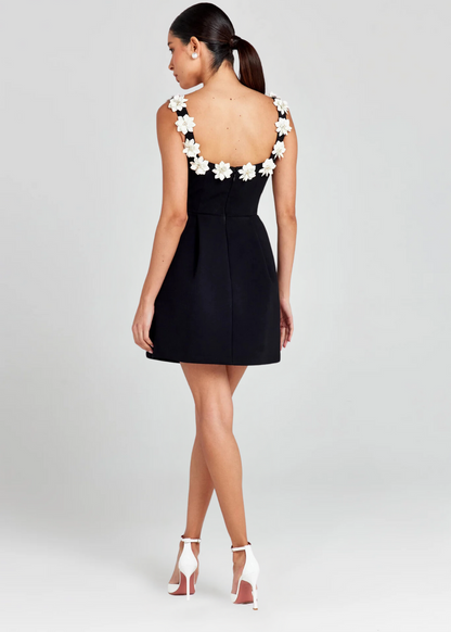 Black 3D Floral Square Neck Mini Dress in Black – full-length back view