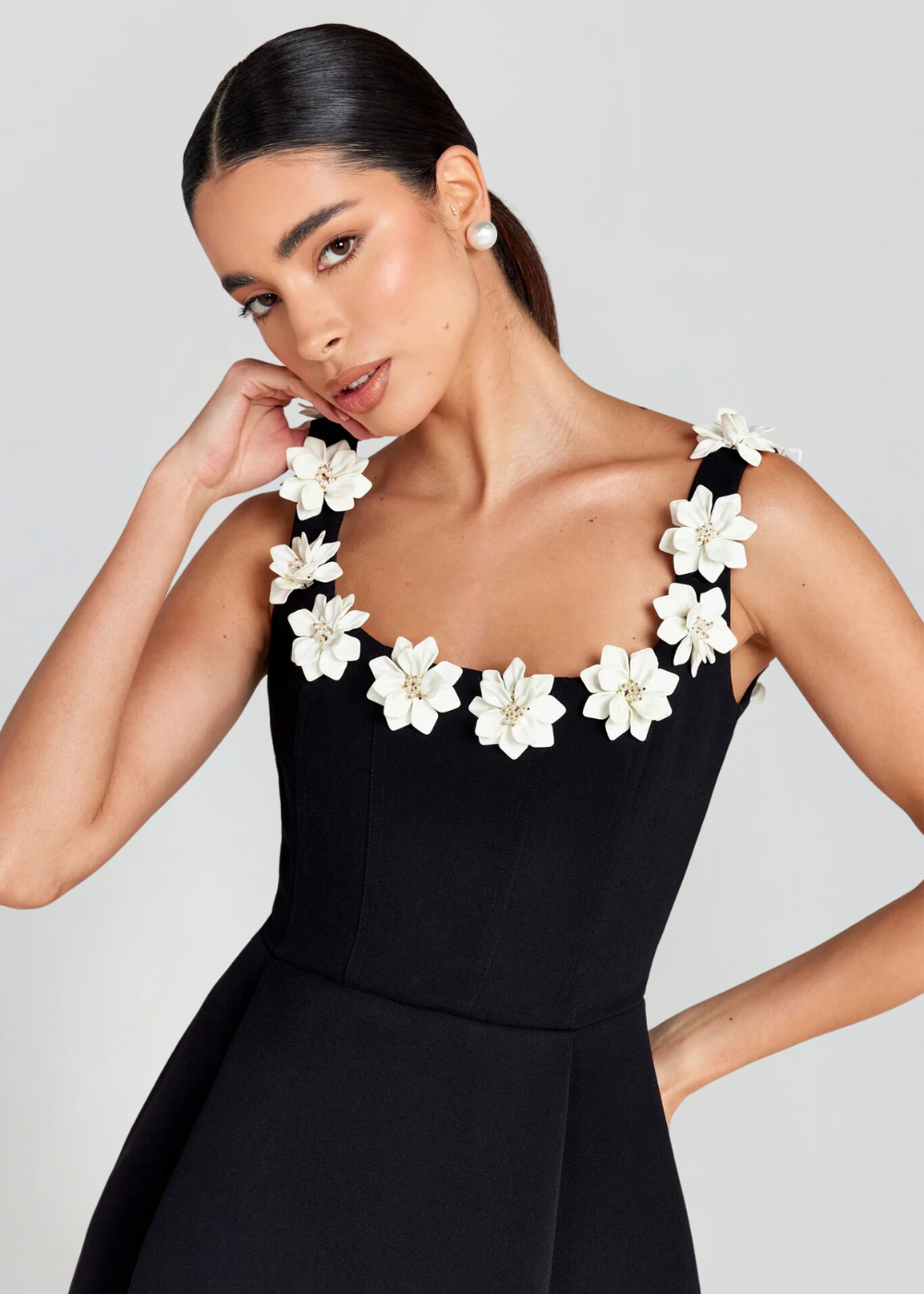 Black 3D Floral Square Neck Mini Dress in Black – close-up of 3D floral neckline