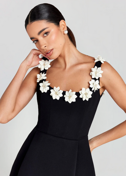Black 3D Floral Square Neck Mini Dress in Black – close-up of 3D floral neckline