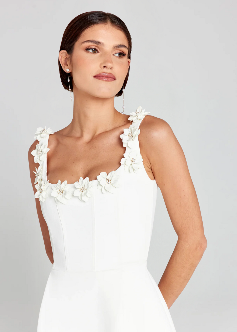 Black 3D Floral Square Neck Mini Dress in White – three-quarter view of bodice