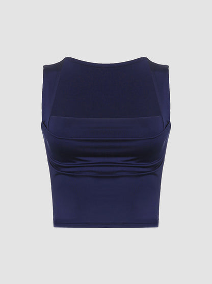 Navy Draped Square Neck Crop Tank Top