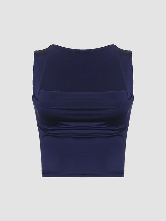 Navy Draped Square Neck Crop Tank Top