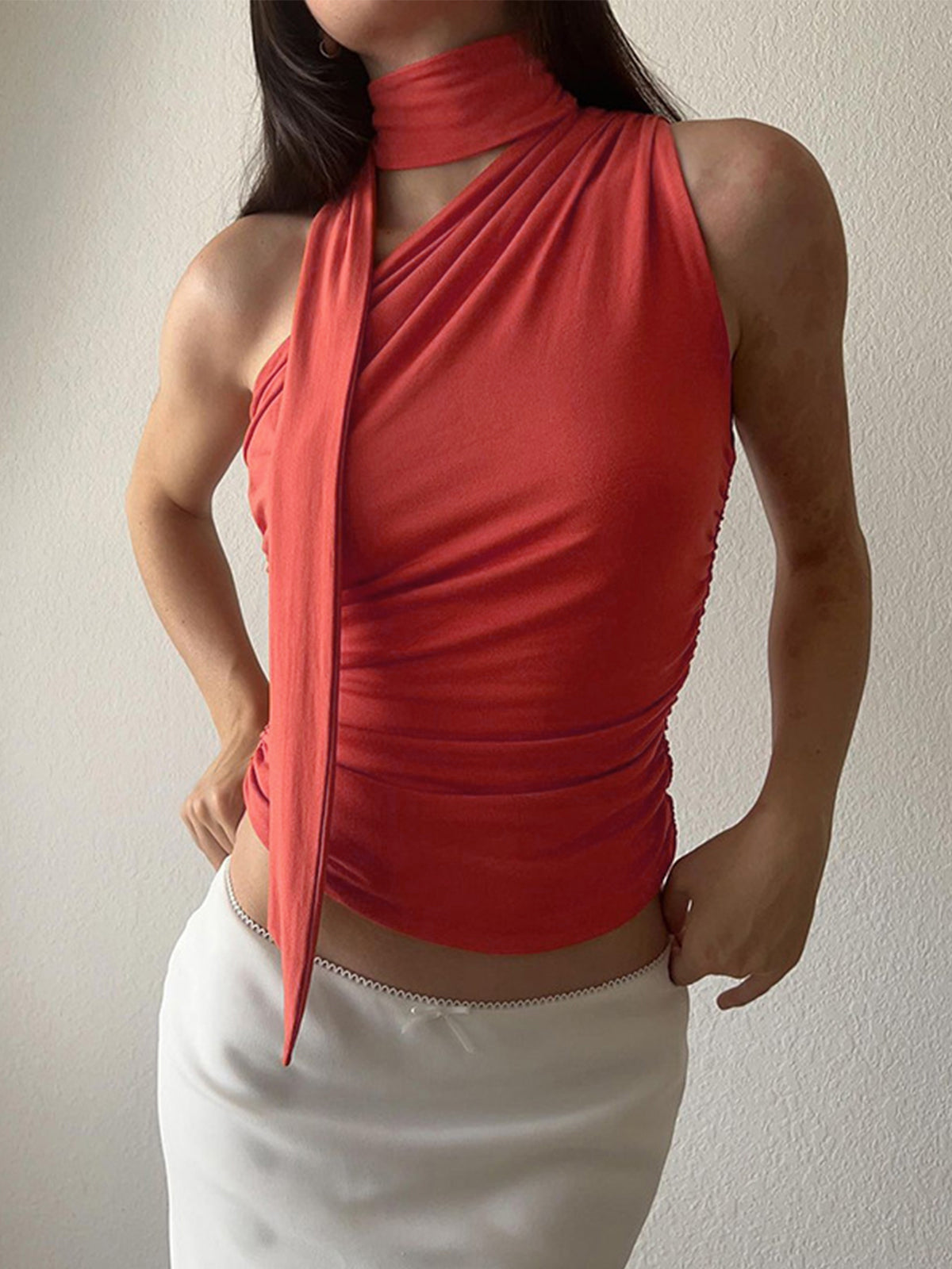 Orange Ruched Asymmetric Scarf Neck Top