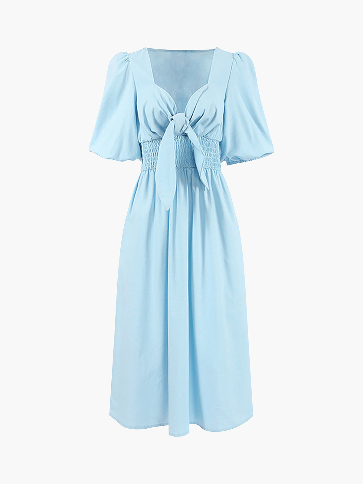 Light Blue Linen Blend Tie-Front Puff Sleeve Midi Dress – view 5