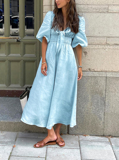 Light Blue Linen Blend Tie-Front Puff Sleeve Midi Dress – view 4