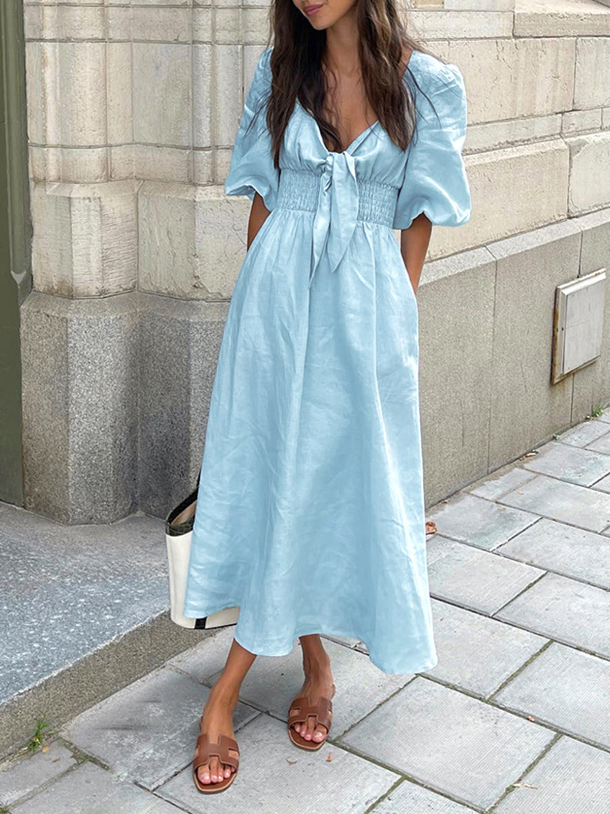 Light Blue Linen Blend Tie-Front Puff Sleeve Midi Dress – view 3