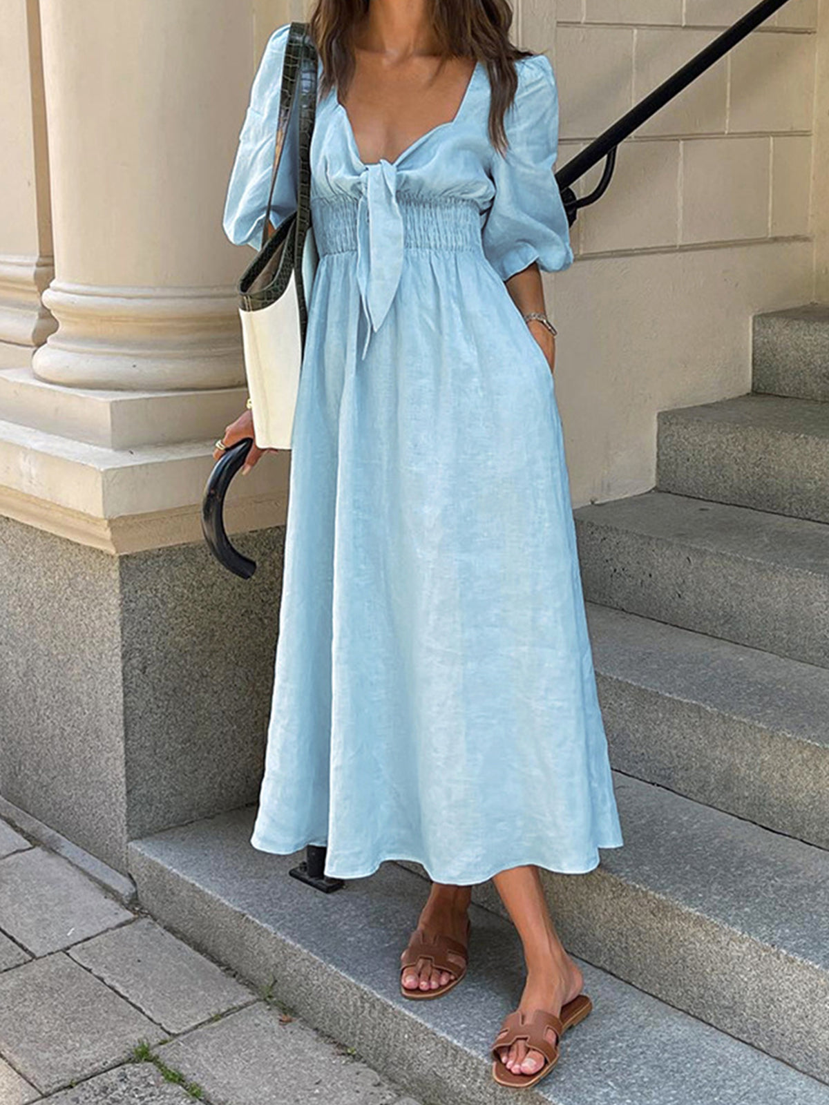Light Blue Linen Blend Tie-Front Puff Sleeve Midi Dress – view 2
