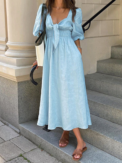 Light Blue Linen Blend Tie-Front Puff Sleeve Midi Dress – view 2