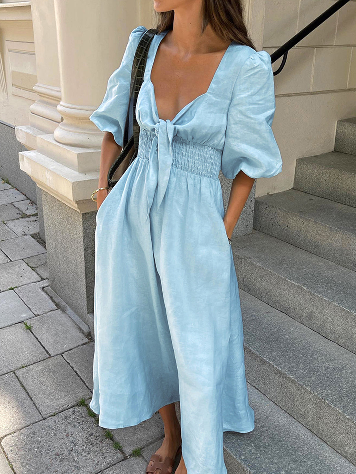 Light Blue Linen Blend Tie-Front Puff Sleeve Midi Dress