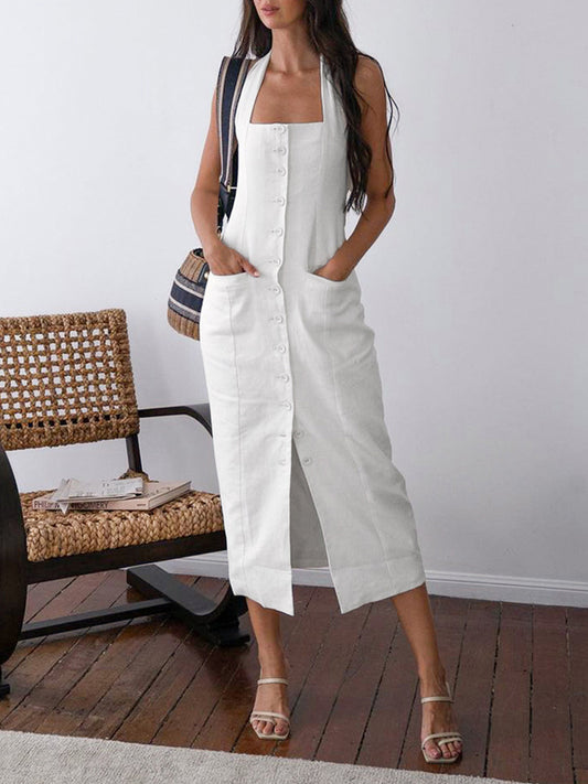 White Cotton Halter Button-Front Midi Dress – view 2