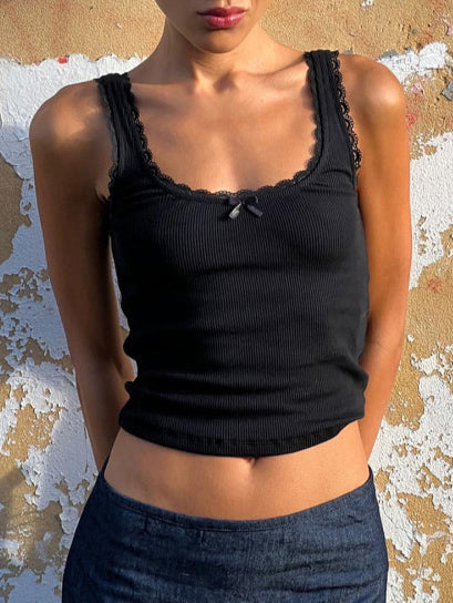 Black Lace Trim Ribbed Tank Top