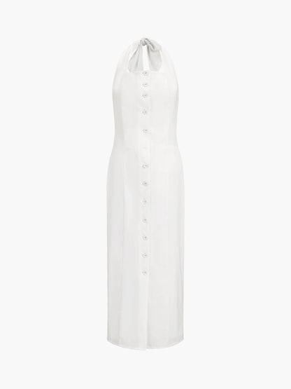 White Cotton Halter Button-Front Midi Dress – view 5