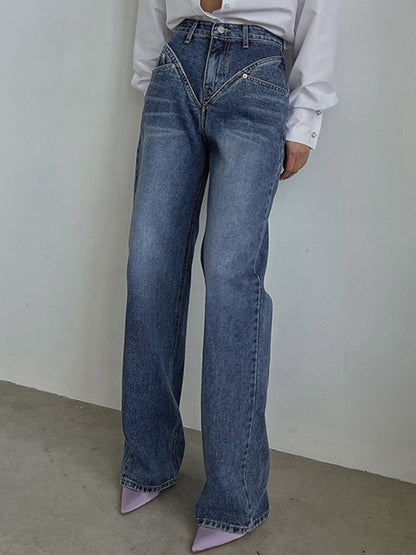 Blue Vintage Wash V-Seam Straight Leg Jeans