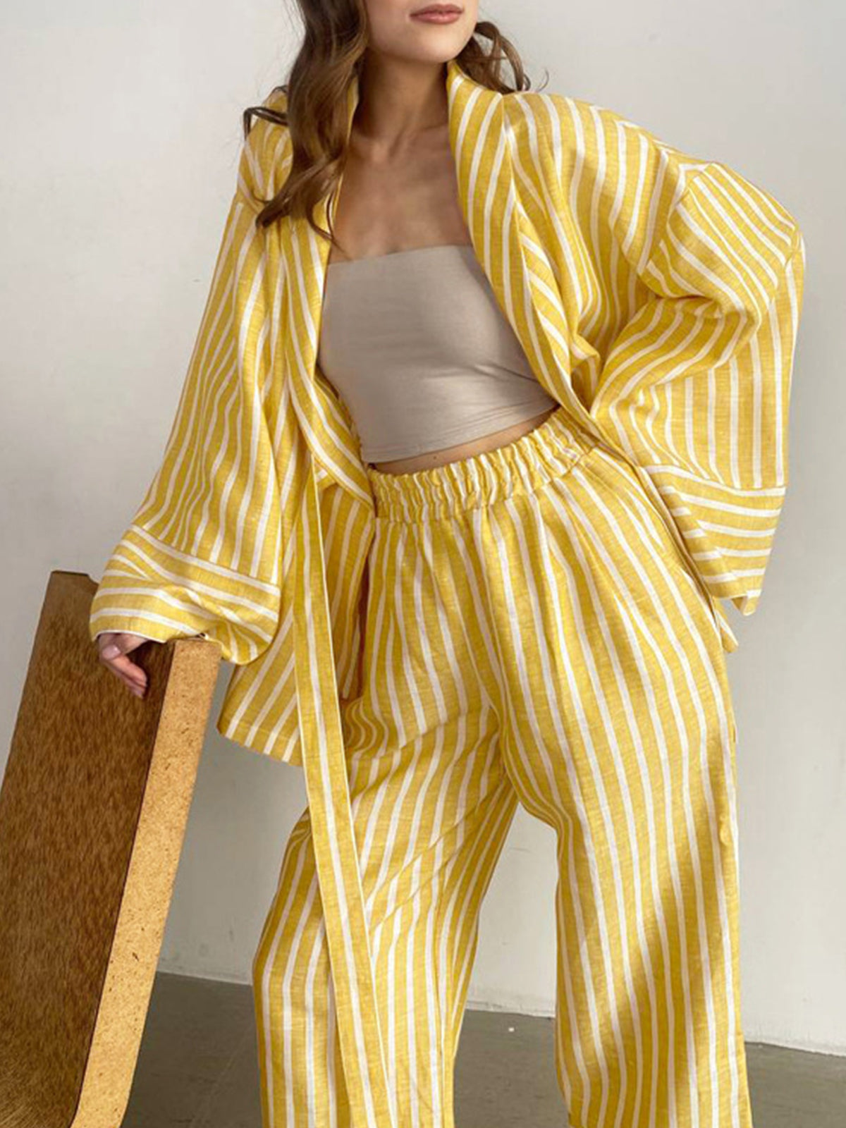 Yellow Striped Oversized Knotted Pants Set – view 5