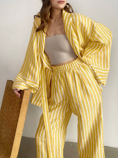 Yellow Striped Oversized Knotted Pants Set – view 5