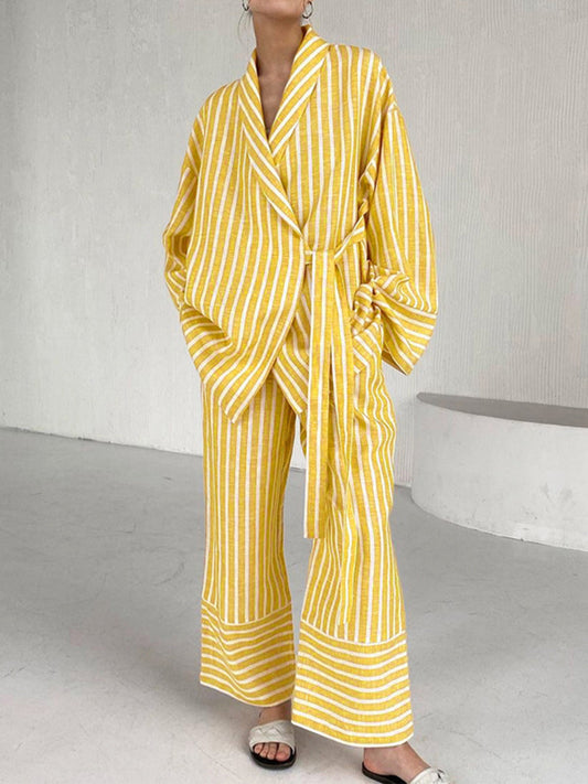 Yellow Striped Oversized Knotted Pants Set