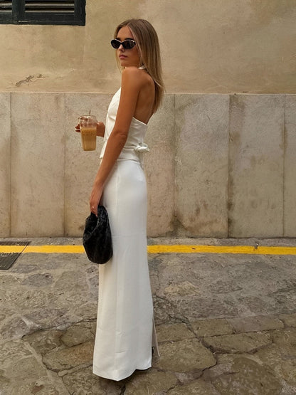 White Backless Halter Top & Split Maxi Skirt Set – view 4
