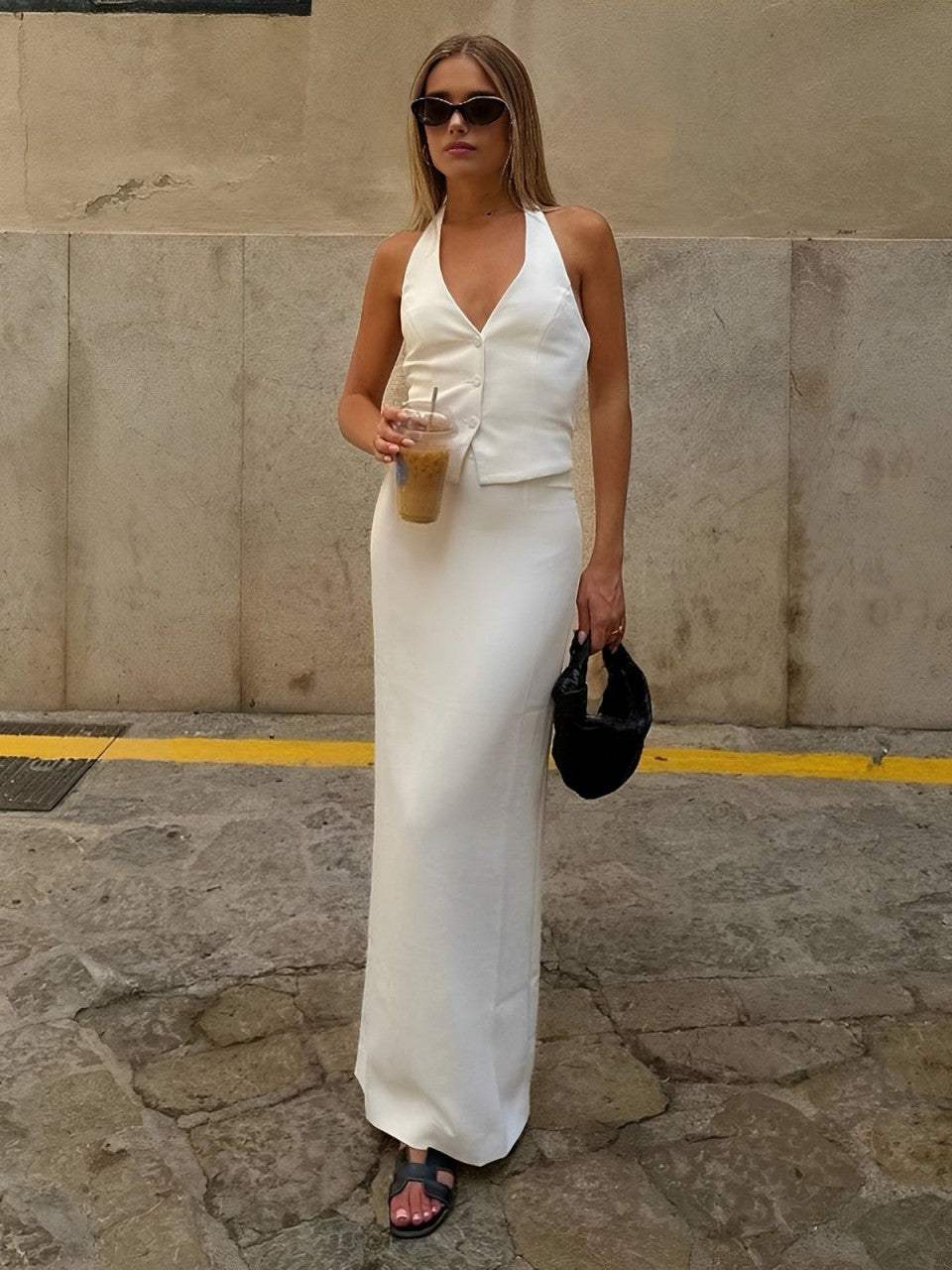 White Backless Halter Top & Split Maxi Skirt Set – view 5