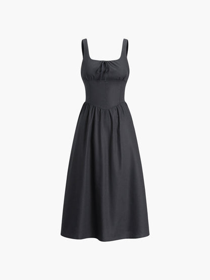 Black Linen Blend Knotted Cami Midi Dress