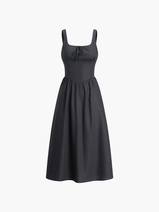Black Linen Blend Knotted Cami Midi Dress